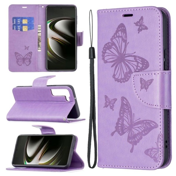 Butterfly läder Samsung Galaxy S22 fodral - Lila Lila