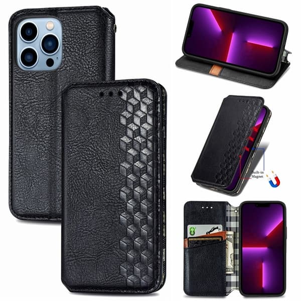 Lær Etui med A Stilfull Rhombus Imprint til iPhone 13 Pro - Svart Black