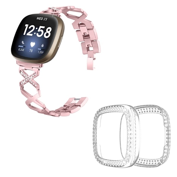Fitbit Sense / Versa 3 X-muotoinen strassikoristeinen koristeltu kellon hihna läpinäkyvällä kannella - Ruusu Vaaleanpunainen Pink