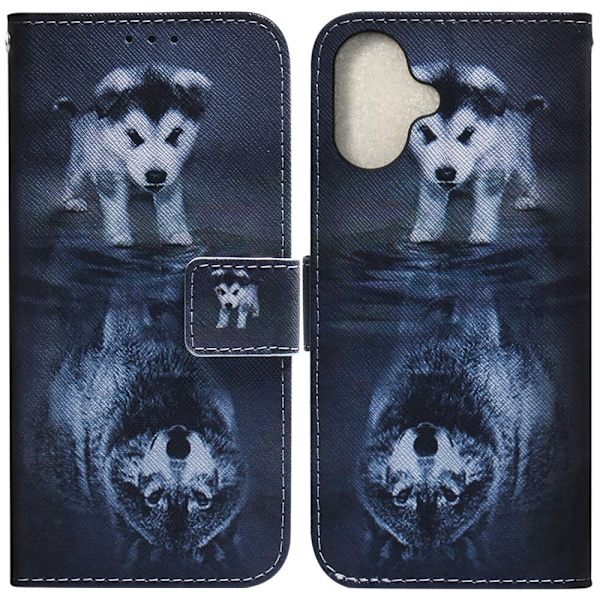 iPhone 16 Etui med pung Pattern Print Leather Phone Cover - Hund Og Ulv Blue