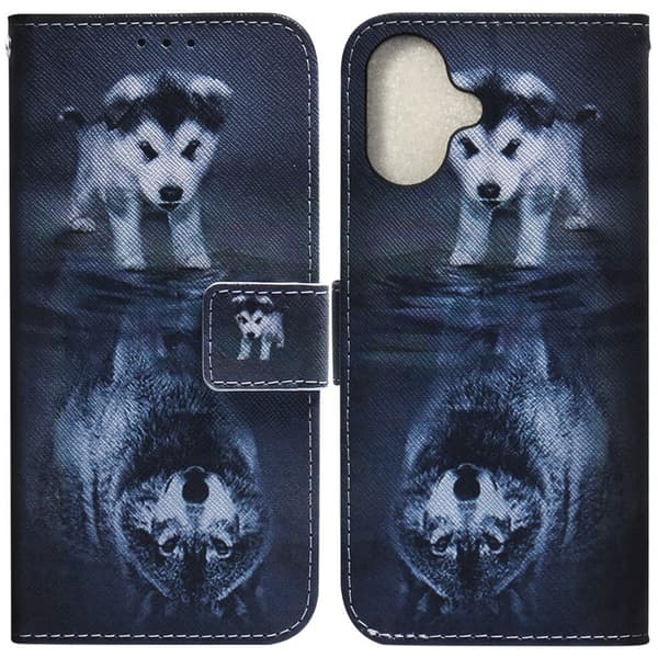 iPhone 16 plånboksfodral med mönster och tryck Telefonskal i läder - Hund Och Varg Blå
