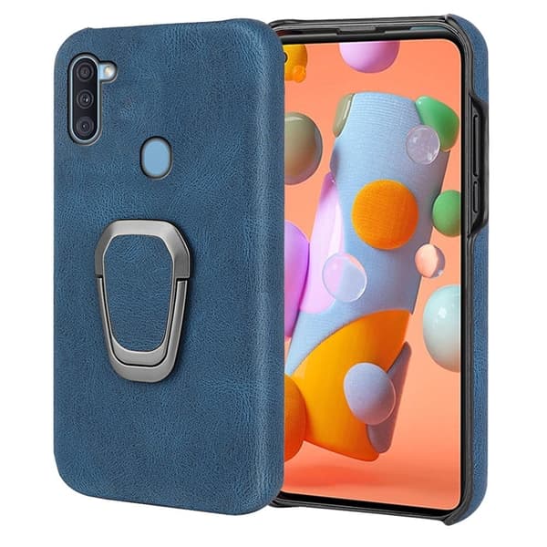 Stötsäkert läderfodral med oval kickstand för Samsung Galaxy M11 / A11 - Blå Blå