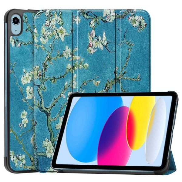 Tri-fold stander etui iPad 10.9 (2022) Pattern Printing Anti-fall Anti-wear Folio Flip Vegansk Læder Tablet Cover - Abrikosblomst Blue