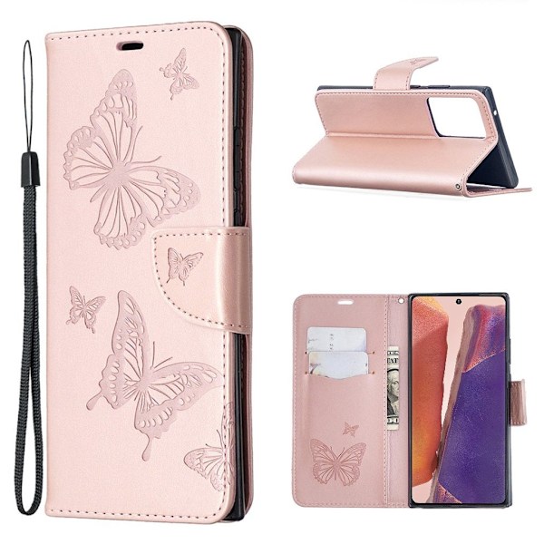 Butterfly Samsung Galaxy Note 20 Ultra Flip Etui - Rødguld Pink
