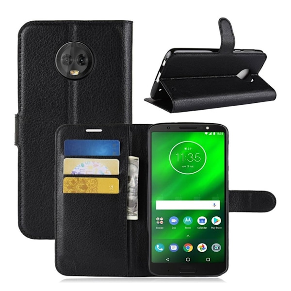Motorola Moto G6 Plus mobiletui i lædermateriale med smuk Litchi overfalde samt stativ og lomme til penge - Sort Black