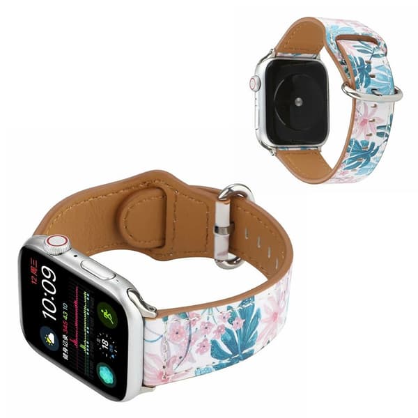 Apple Watch Series 6 / 5 44mm mönster äkta läder klockarmband - Leaf / blomma Vit