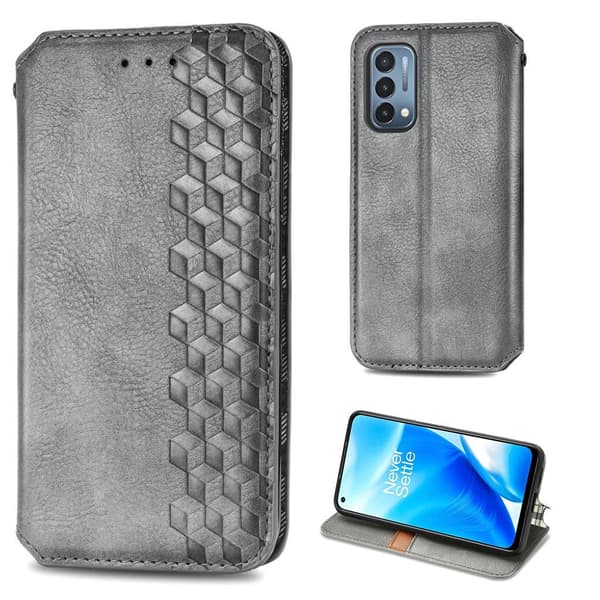 Läder OnePlus Nord N200 5G fodral med romb-design - Silver/Grå Silvergrå