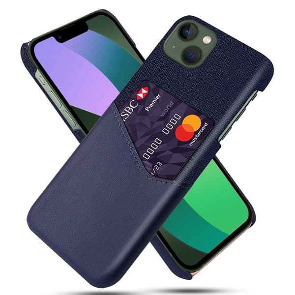 iPhone 14 Plus 6,7 tommer stoftekstur Drop Resistant Phone Case Vegansk Læder Coated Hard Bumpresistent Protective Shell med Card Slot - Blå Blue