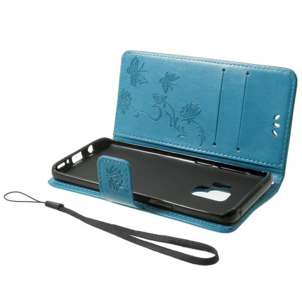Samsung Galaxy S9 stemplet sommerfugl Blomster PU læder flip etui - blå Blue