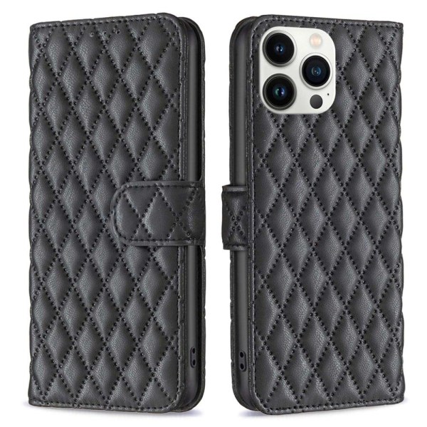 BINFEN COLOR iPhone 13 Pro Max 6,7 tommer BF Style-14 Stødsikkert flipomslag Trykt rombemønster Anti-fall Vegansk læderpung Cover med stativ - Sort Black