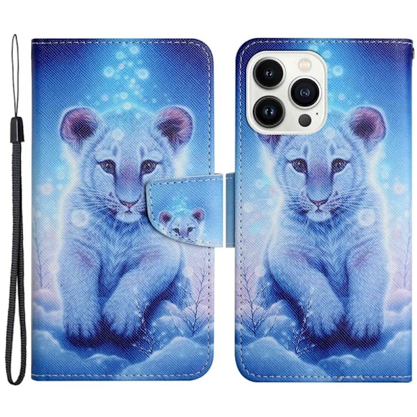 iPhone 14 Pro 6.1 inch Cross Texture Pattern Printing stander etui Vegansk Læder Flexible stødsikkert Wallet Phone Cover - Leopard Blue