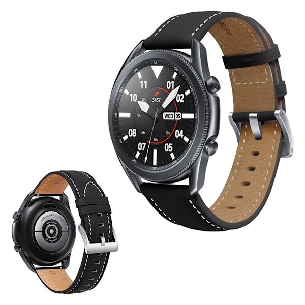 Samsung Galaxy Watch 3 (45mm) fine stitch äkta läder klockarmband - svart Svart