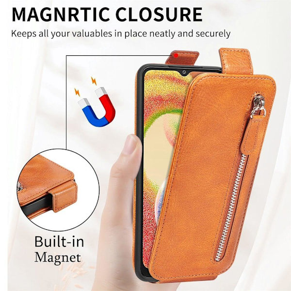 Vertical Flip Phone Fodral med Zipper till Samsung Galaxy A04 - Brun Brun