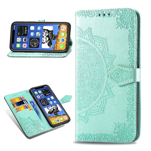 Mandala iPhone 12 Mini Flippetui - Cyan Green