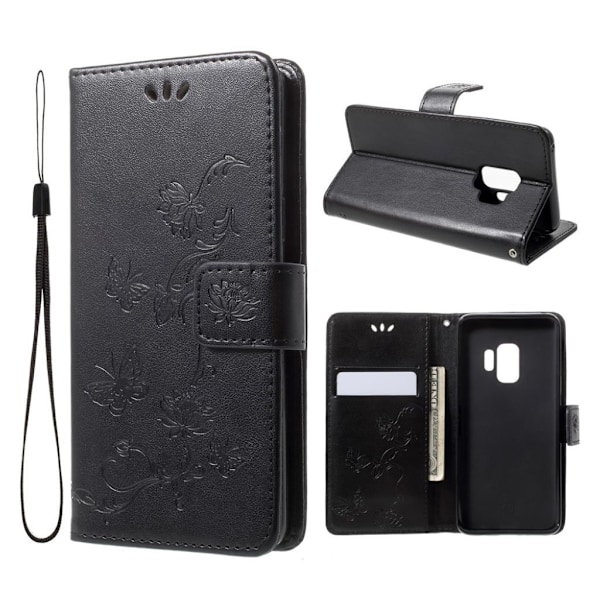 Samsung Galaxy S9 stemplet sommerfugl Blomster PU læder flip etui - Sort Black