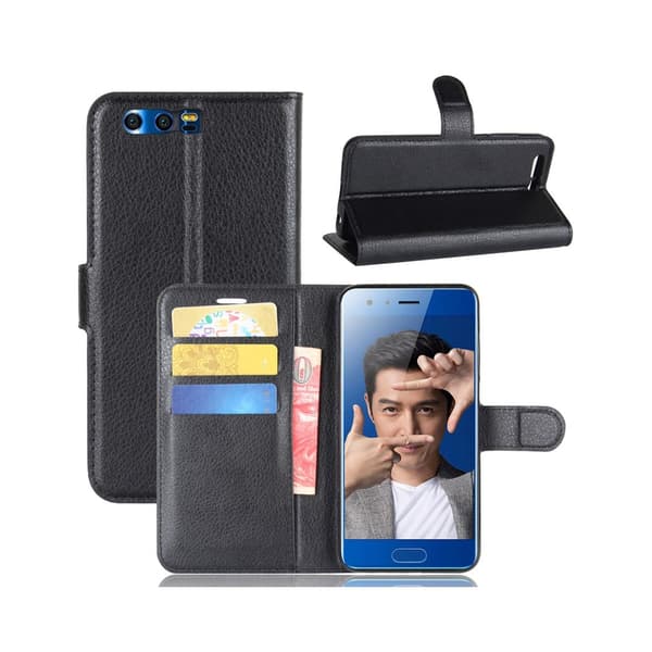 Huawei Honor 9 litsitekstuurinen nahkakotelo - Musta Black