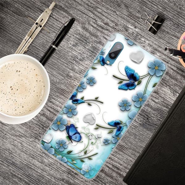 Butterfly Samsung Galaxy M02 / Samsung Galaxy A02 nahkakotelo - Perhonen Ja Kukka Blue