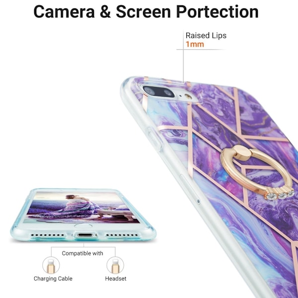 Marble Mønstret Deksel med Ring Holder til iPhone 8 Plus - Mørkelilla Purple