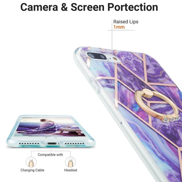 Marble Patterned Suojakuori With Ring Holder For iPhone 8 Plus - Tumma Violetti Purple