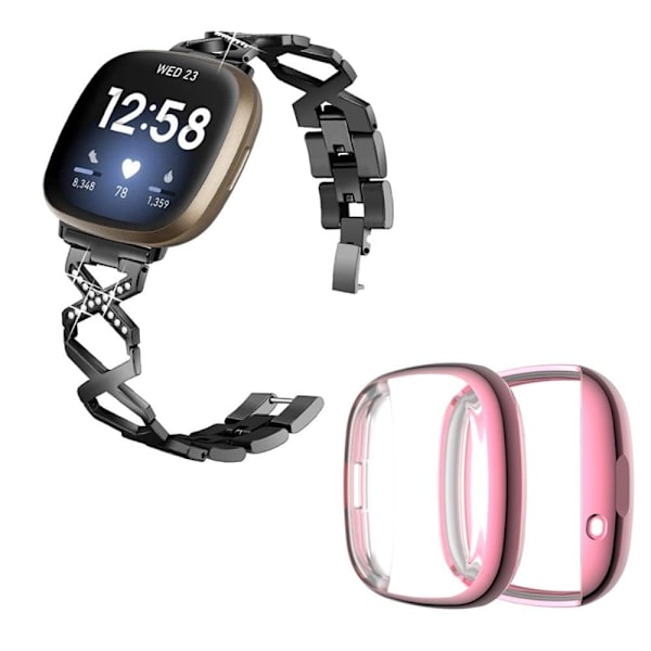 Fitbit Sense / Versa 3 X-formet urrem med rhinestone-dekor og lyserødt cover - Sort Black