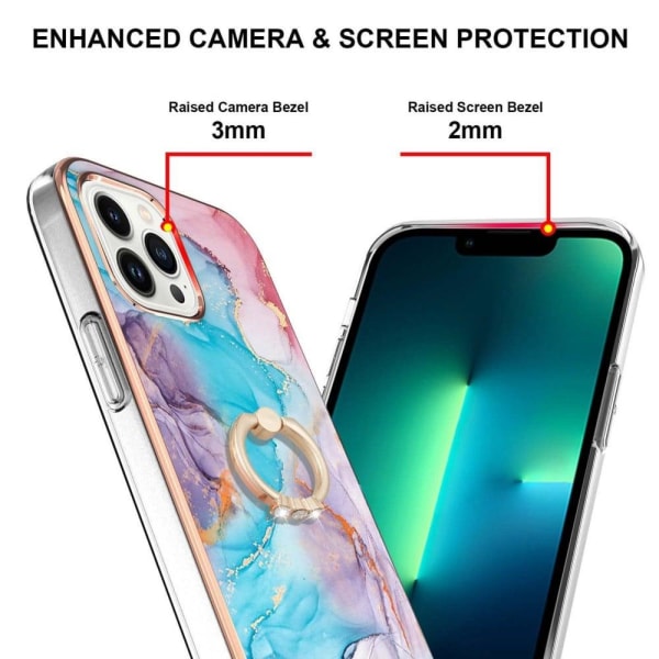 Marble Patterned Suojakuori With Ring Holder For iPhone 14 Pro Max - Milky Way Marble Blue Multicolor