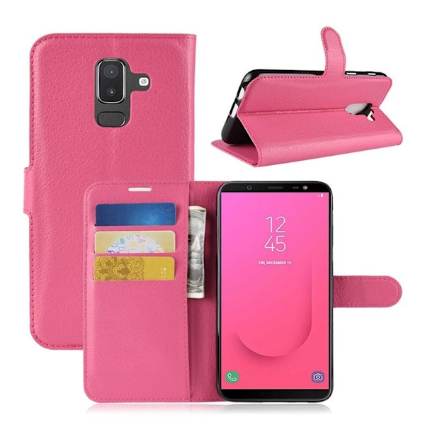 Samsung Galaxy J8 (2018) beskyttelsesetui i kunstlæder med Litchi struktur samt stativ - Rosa Pink