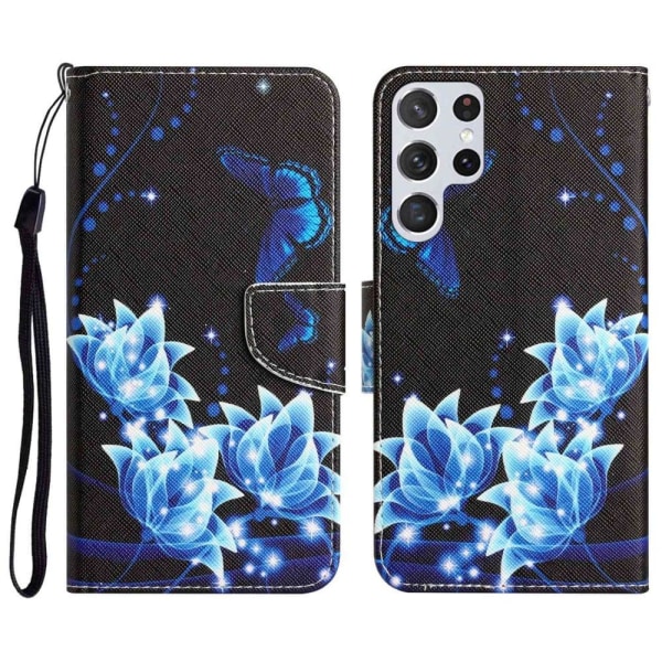 Wonderland Samsung Galaxy S22 Ultra Flip Etui - Blå Sommerfugl Blue