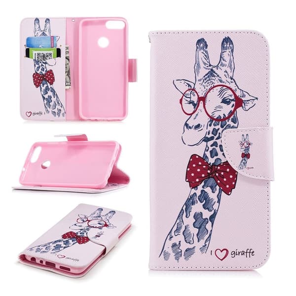 Huawei P Smart Mønstret Lær Flip Etui - Giraffe Wearing Glasses Multicolor