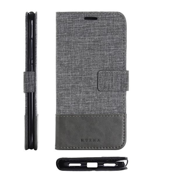 MUXMA PU-läder Canvas Splicing Plånbok Stativfodral för Xiaomi Mi A2 / Mi 6X - Grå Silvergrå