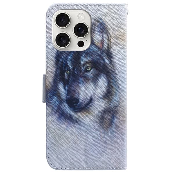 iPhone 16 Pro Etui med pung Pattern Print Leather Phone Cover - Ulv Blue