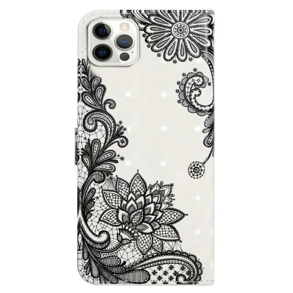 iPhone 16 Pro Max Fodral Flip Wallet 3D-mönster Läder Telefonskal - Spetsblomma Svart