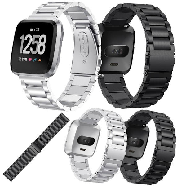 Three beads stainless steel watch band for Fitbit Versa - Black Black