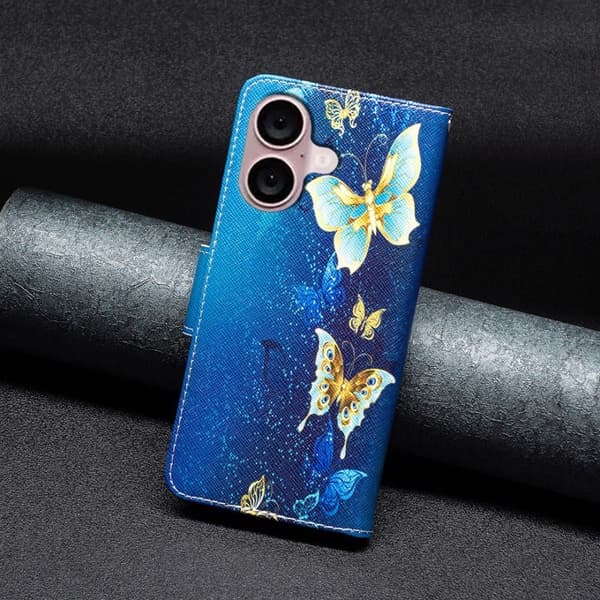 Wonderland iPhone 16 Plus flip etui - Gyldne Sommerfugle Blue