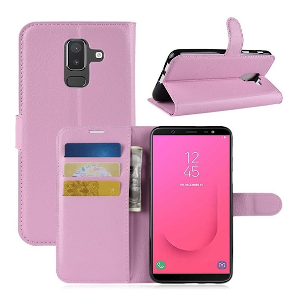 Samsung Galaxy J8 (2018) beskyttelsesetui i kunstlæder med Litchi overflade samt stativ - Lyserød Pink
