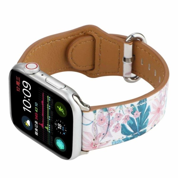 Apple Watch Series 6 / 5 44mm mønster ægte læder rem - Leaf / blomster White