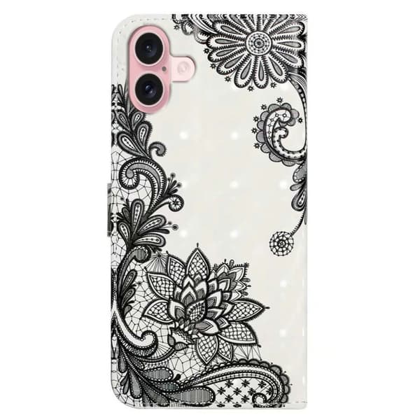 iPhone 16 Etui 3D Creative Pattern Vegansk Læder Stand Phone Cover - Blondeblomst Black