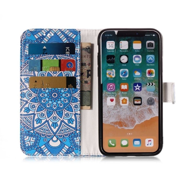 iPhone Xs Max læderetui med mønsterprint - Unique Flower Blue
