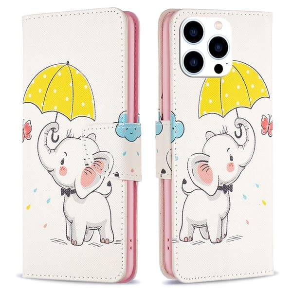 Wonderland iPhone 15 Pro Max flip etui - Paraply Og Elefant Pink
