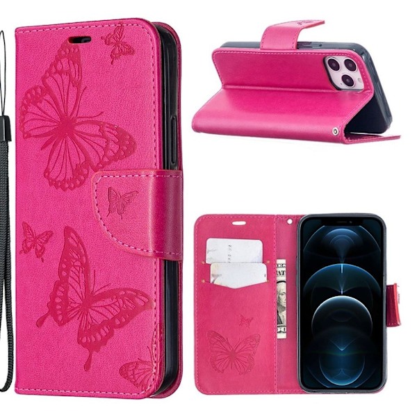Butterfly läder iPhone 12 Pro / iPhone 12 fodral - Rosa Rosa