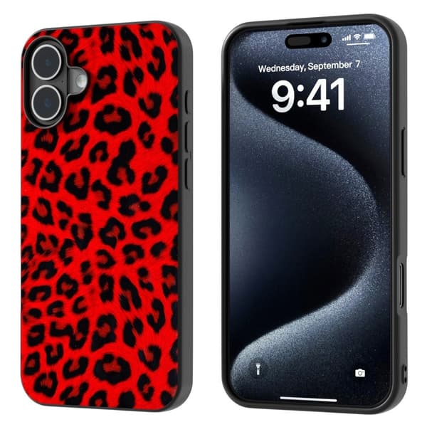 ABEEL iPhone 16 Plus Etui Leopard Print Læder og fleksibelt telefon cover - Rød Red