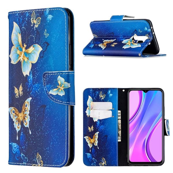 Wonderland Xiaomi Redmi 9 Flippetui - Blue og Gull Sommerfugl Blue