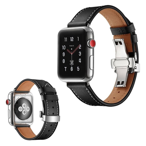 Apple Watch Series 5 44mm holdbar ægte læder Urrem - Sølv Spænde / Sort Black