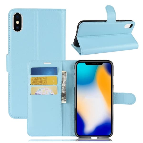 iPhone Xs Max flip etui i læder med litchi-tekstur - Blå Blue