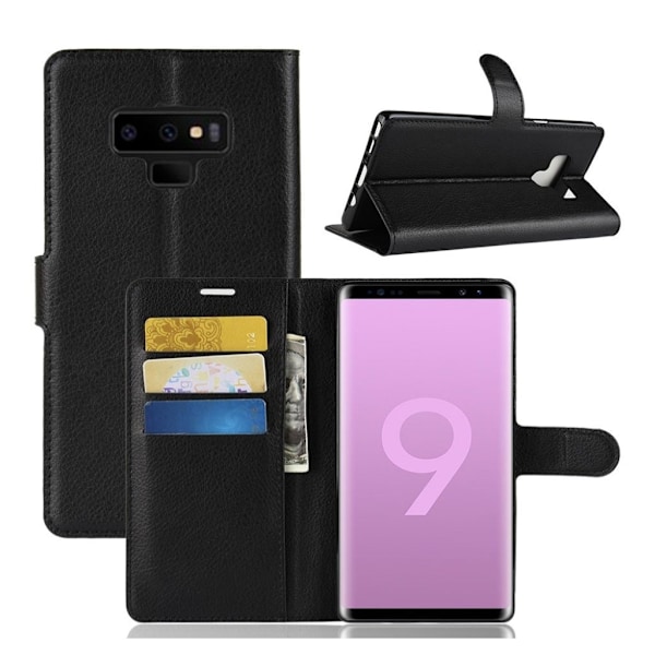 Samsung Galaxy Note9 mobiletui i kunstlæder med Litchi overfalde samt pung - Sort Black