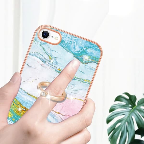 Marble Mønstret Deksel med Ring Holder til iPhone Se (2022) / 2020 / 8 - Grønn og Gul Klinkekule Haze Multicolor