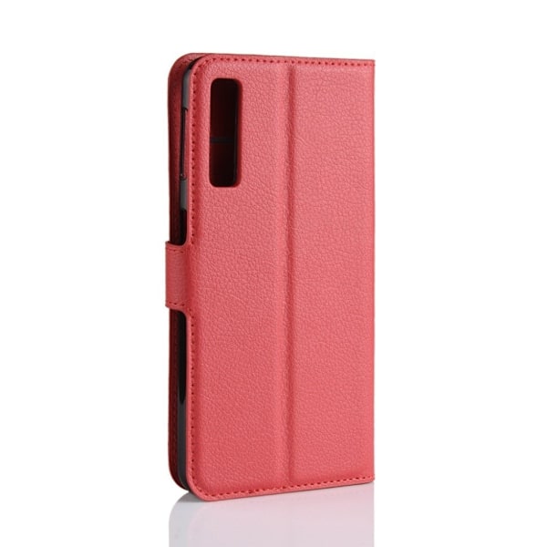 Samsung Galaxy A7 (2018) synteetti nahkainen lompakko kotelo missä liitsihedelmä jyväinen rakenne pinta - Punainen Red