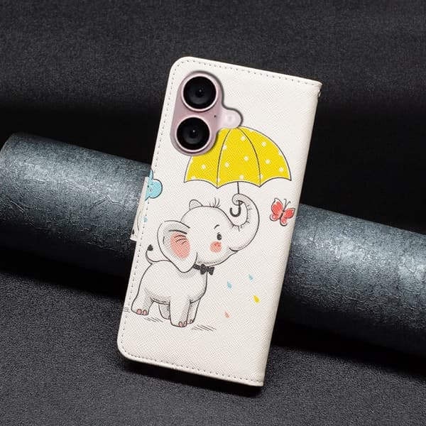 Wonderland iPhone 16 Plus flip-etui - Paraply Og Elefant Pink