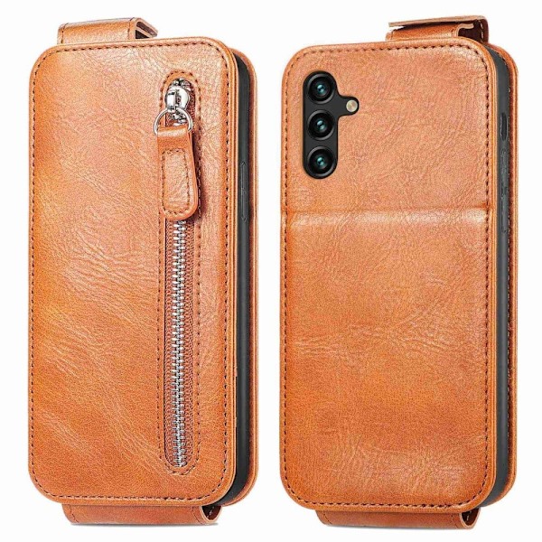 Vertical Flip Phone Suojakotelo With Zipper For Samsung Galaxy M23 / F23 - Ruskea Brown