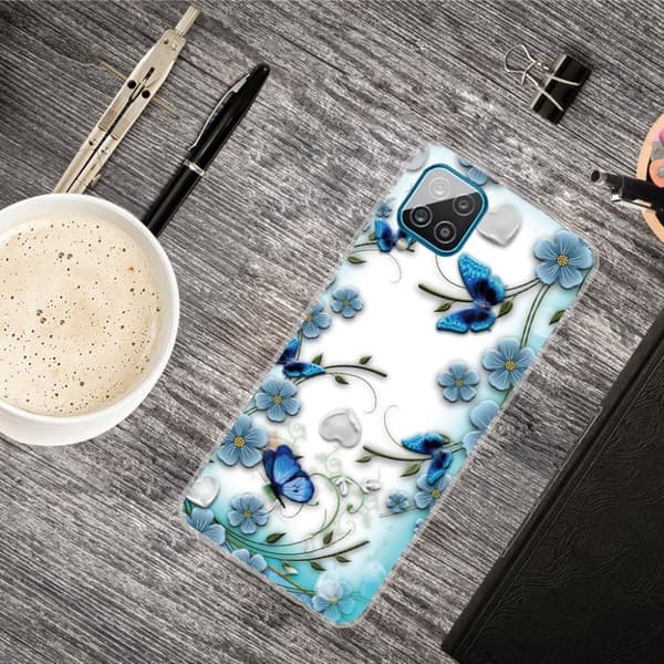 Deco Samsung Galaxy A12 5G Etui - Sommerfugler og Blomster Blue