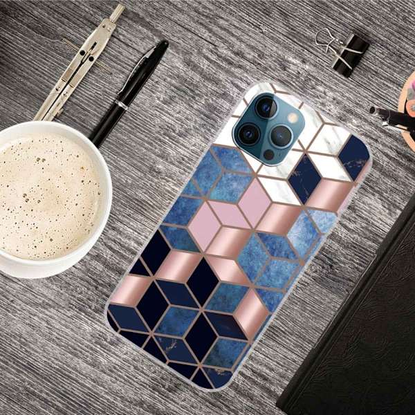 Marble design iPhone 14 Pro cover - Blå/Guld Terning Multicolor